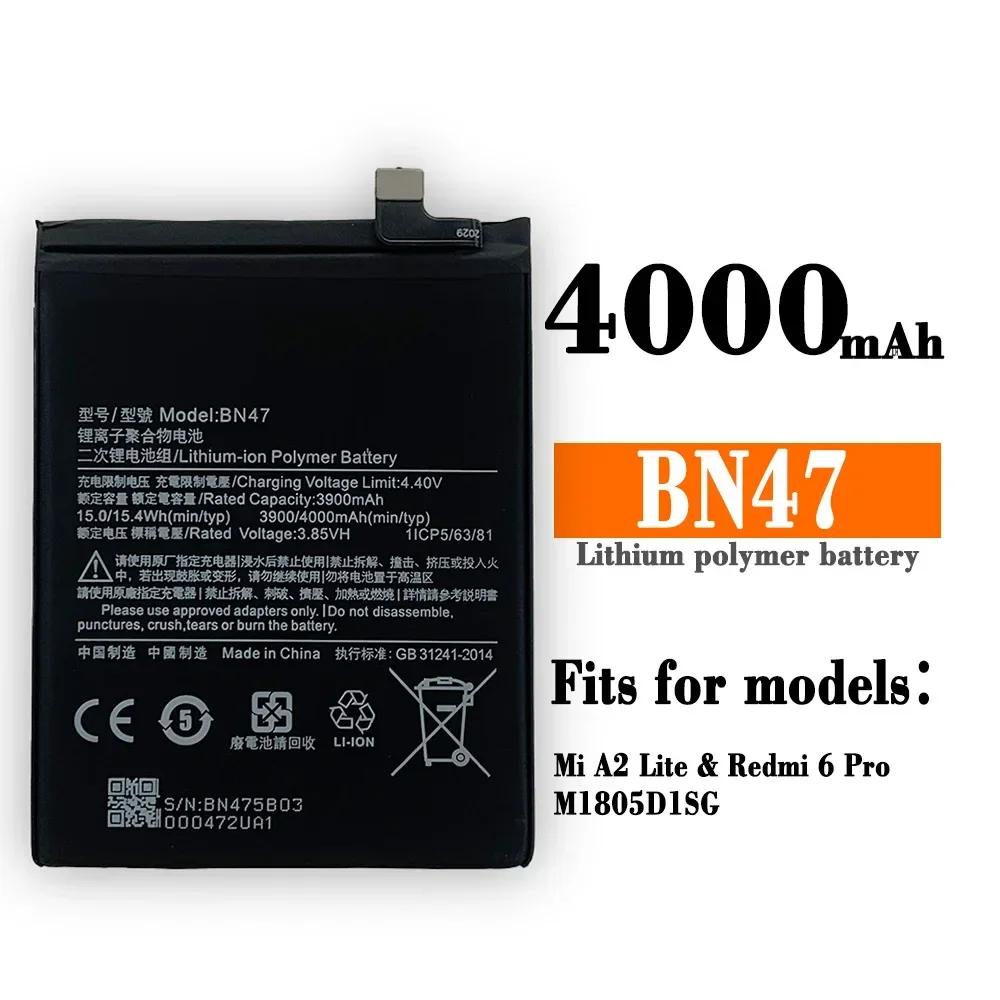 

Phone Battery BN47 For Xiaomi Redmi 6 Pro / Mi A2 Lite High Quality 4000mAh Phone Replacement Batteries