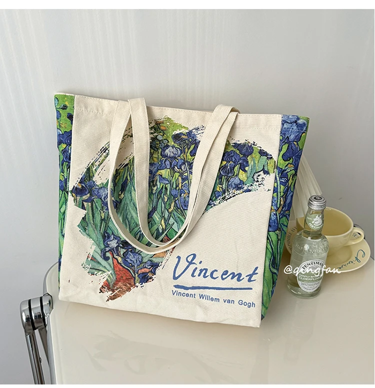 

Van Gogh iris oil painting canvas bag commuter schoolbag portable shoulder bag custom advertising bag