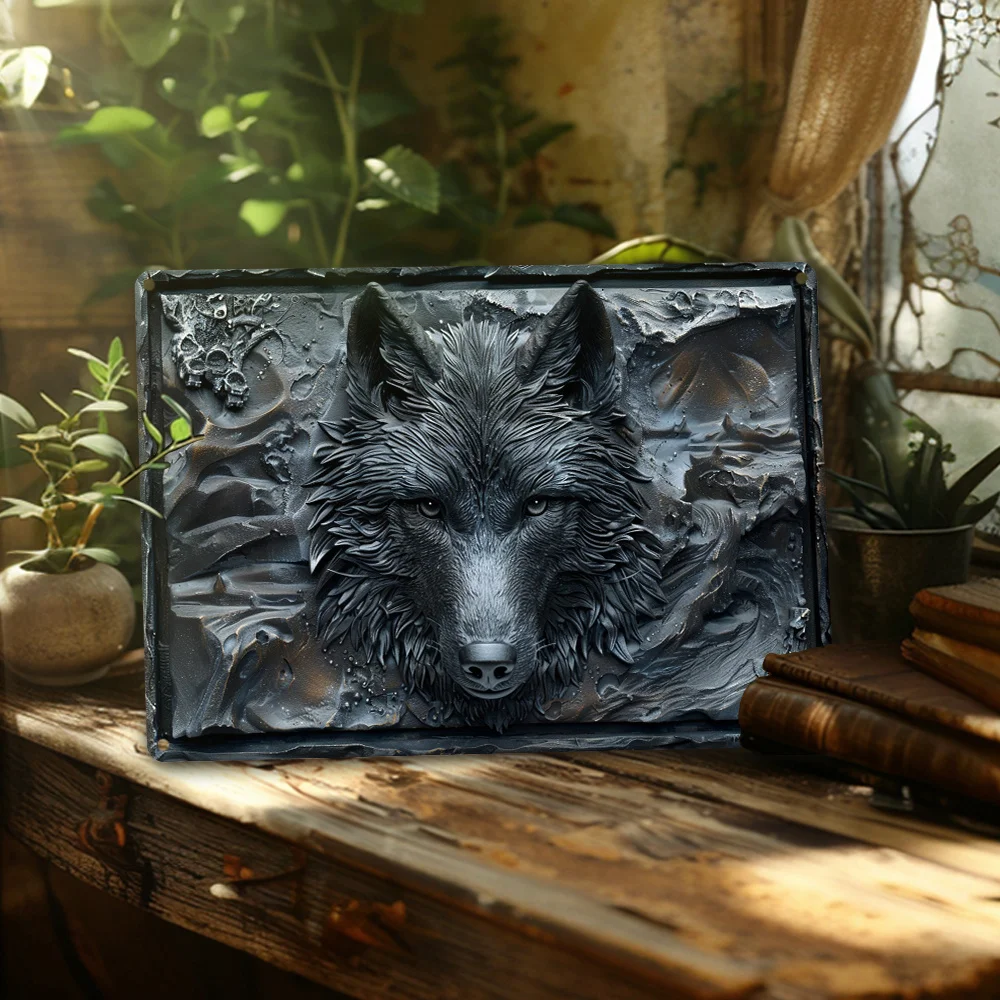 Wolf Embossed Metal Wall Art Sign, Relief Style Decorative Tin Plaque for Home Decor, Rustic Vintage Look Werewolf Theme