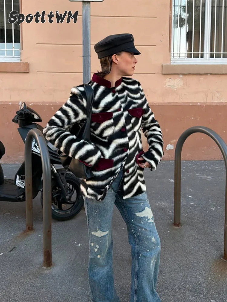 Women's Zebra Faux Fur Stand Collar Jacket Single Breasted Velvet Pocket Vintage Coat Lady 2026 Autumn Lady Street Outerwear