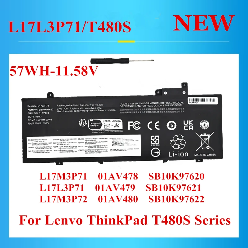 

New L17L3P71 T480S battery For Lenvo ThinkPad T480S Series L17M3P71 01AV478 01AV479 L17M3P72 01AV480 SB10K97620 57WH-11.58V