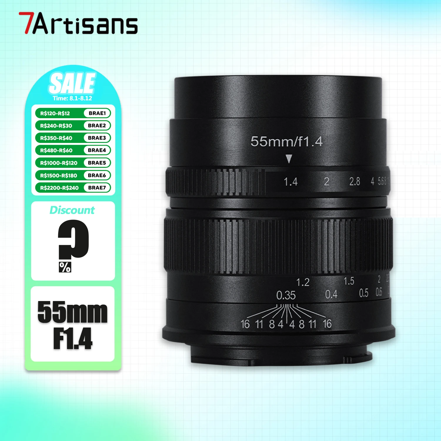 7artisans APS-C 55mm F1.4 Médio Telefoto Humanidades Lente de câmera de grande abertura para Sony E Fujifilm XF Canon EOS-M M43 Mount