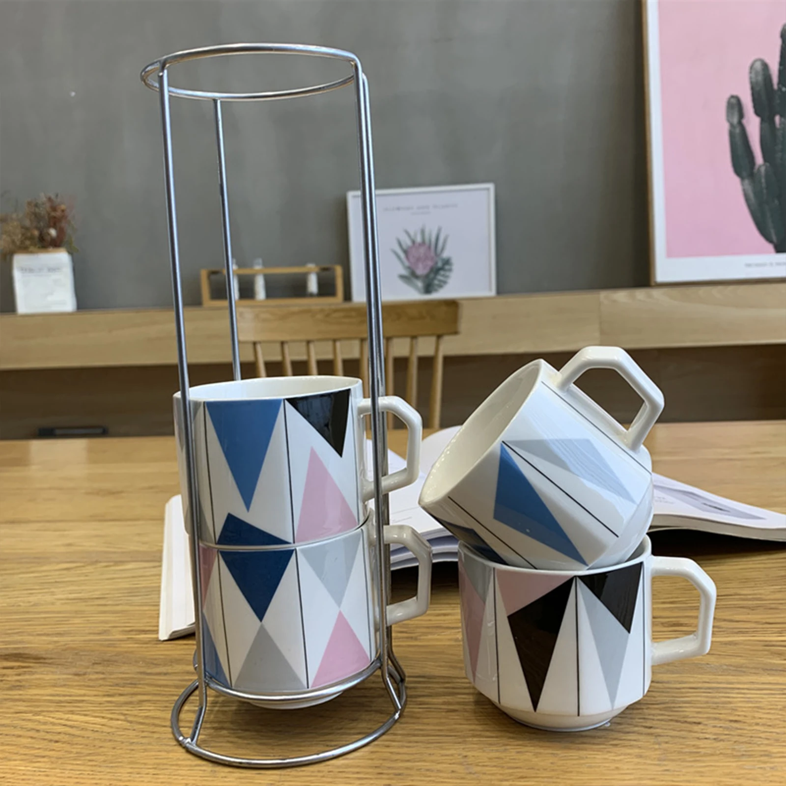 4PCS Coffee Mugs with Metal Stand Three-dimensional Creative Geometric Household Large With Iron Frame tacked Cup Ceramic Mug