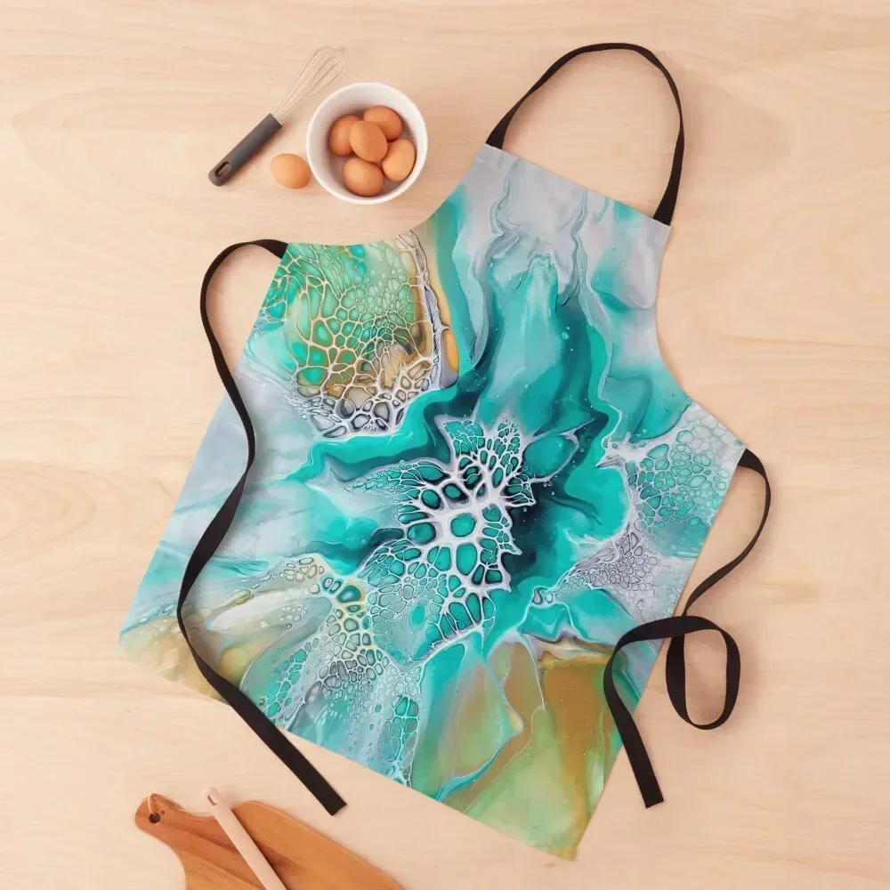 

Green Lagoon Inspired Fluid Pour Art Painting with Gold and Grey Apron Things For Kitchen cleanings Apron
