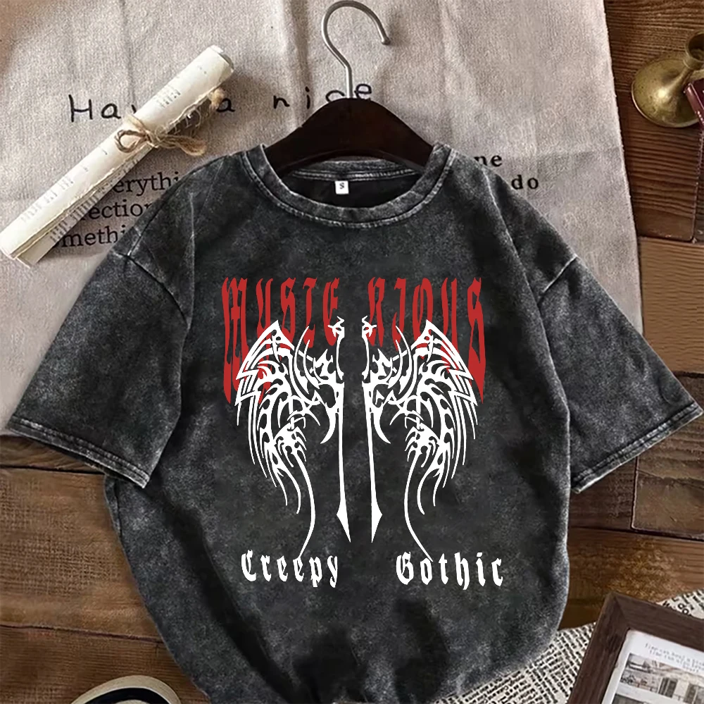 Printed Tshirts Men Gym Vintage Heavyweight T Shirts Cotton Workout Acid Wash Baggy Tees Street Fashion Tops Unisex  Y2k Goth