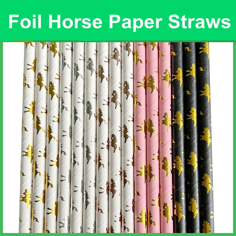 100 Pcs Metallic Rose Gold Foil Horse Paper Straws,Kids Magical Animal Baby Shower Birthday Unicorn Decorative Party Drinking