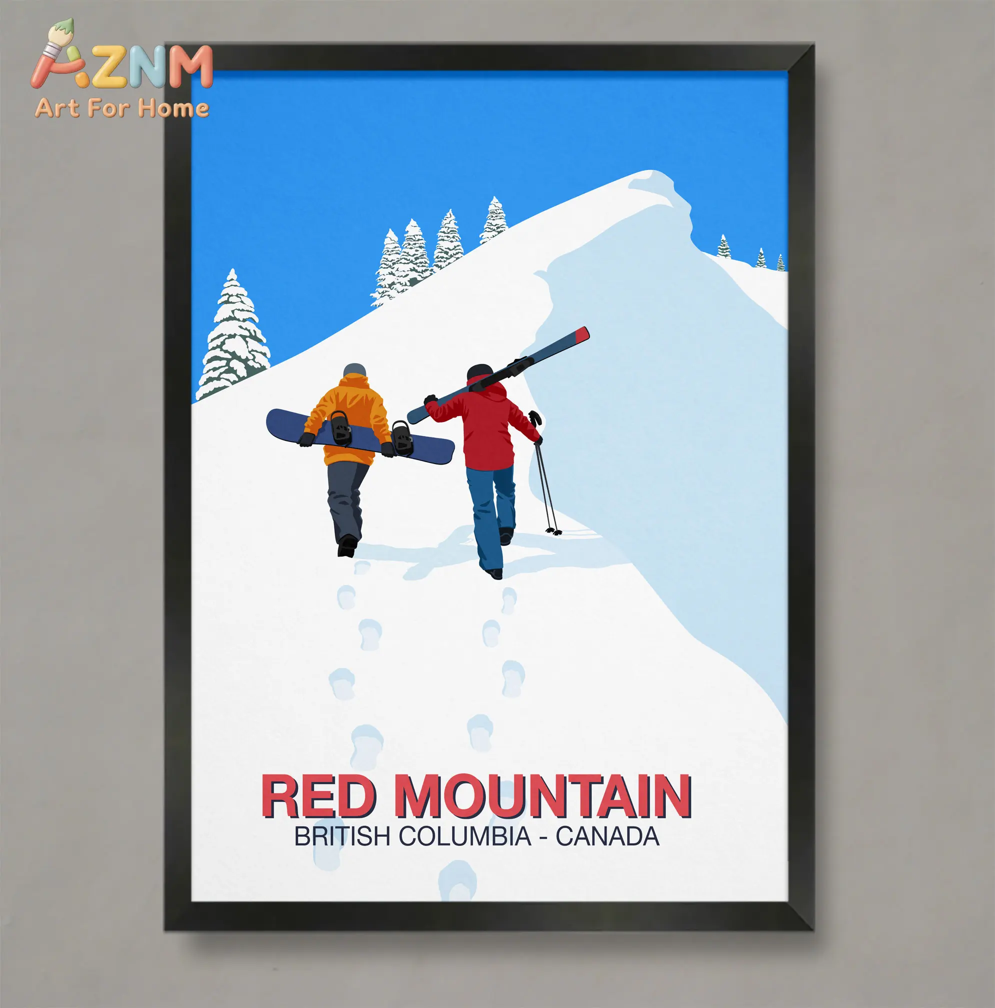 AZNM Vintage Ski Resort Canvas Wall Art Mountain Ski Lift Skier Illustration Winter Sports Travel Poster Home Decor Unframed