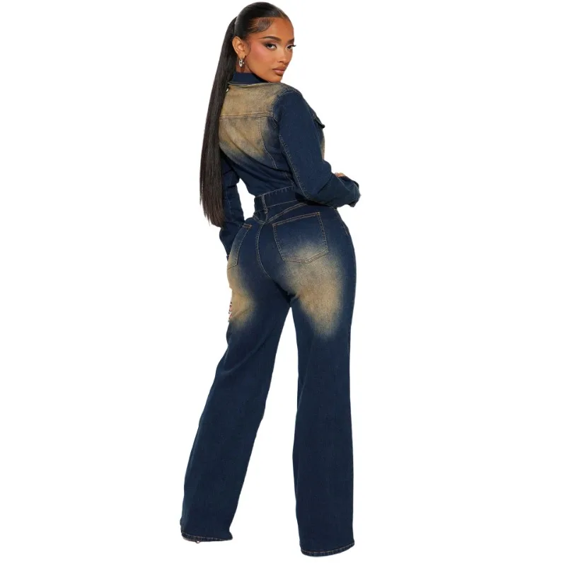 Women Elegant And Comfortable Long-sleeved Denim Jumpsuits With Flared Hem