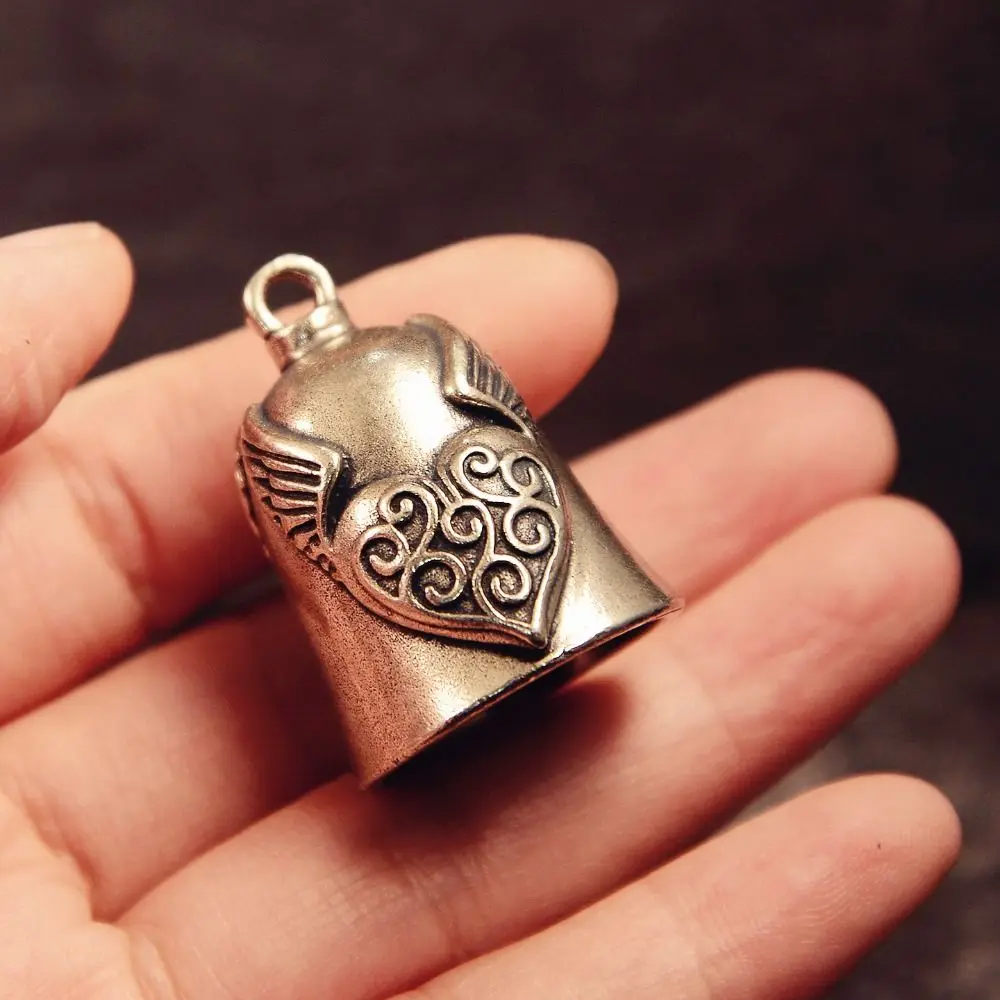 Raised Cross Heart Shape Bell Pendant Antique-Style Angel Wing Evil Spirit Trap Bell Compact Grooved Biker Good Luck Charm