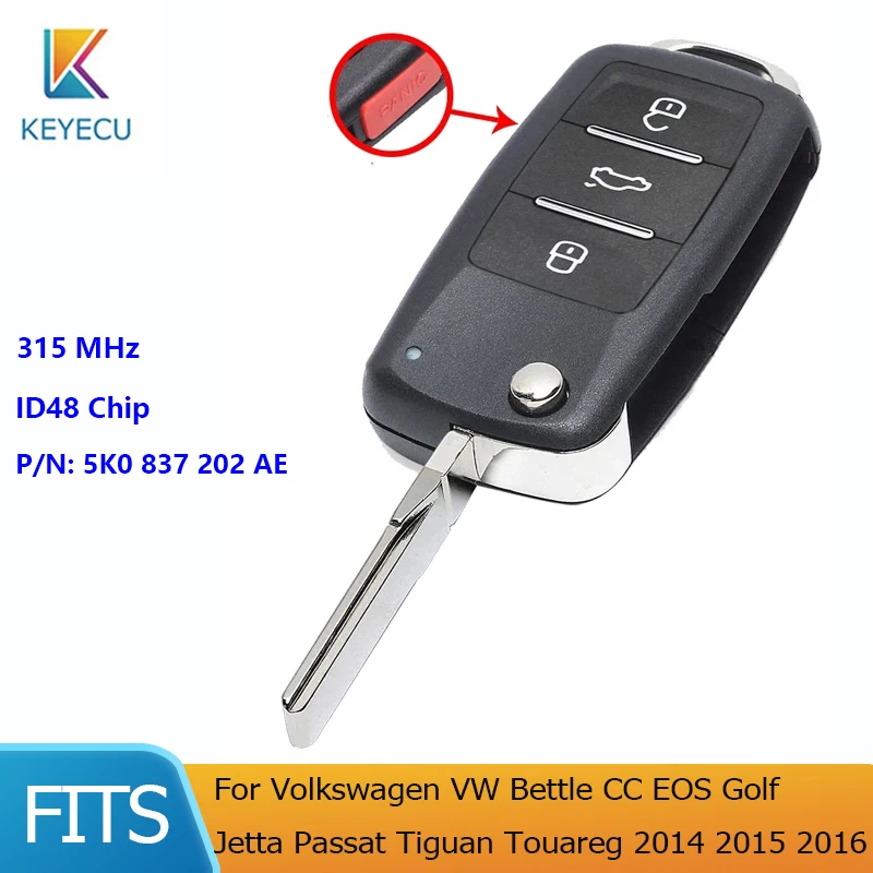 

KEYECU for VW Bettle CC EOS Golf Jetta Passat Tiguan Touareg 2014 2015 2016 4 Button 315Mhz 5K0837202AE Flip Car Remote Key