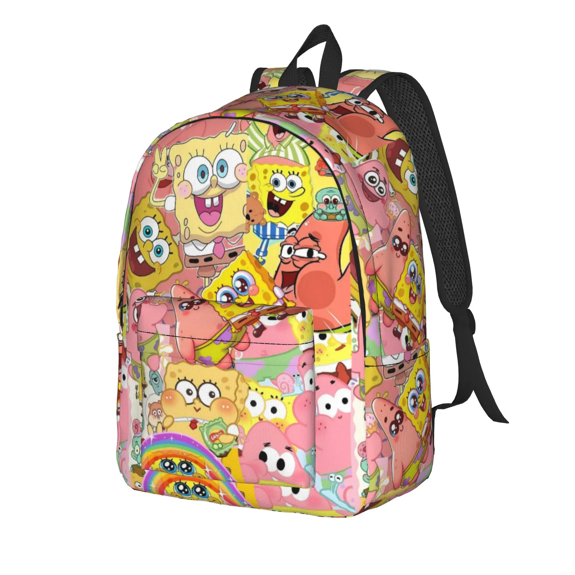 S-SpongeBobed Pink Tone Cute Group Collage Backpack  Youth Polyester Workout Backpacks Pattern Kawaii School Bags Rucksack