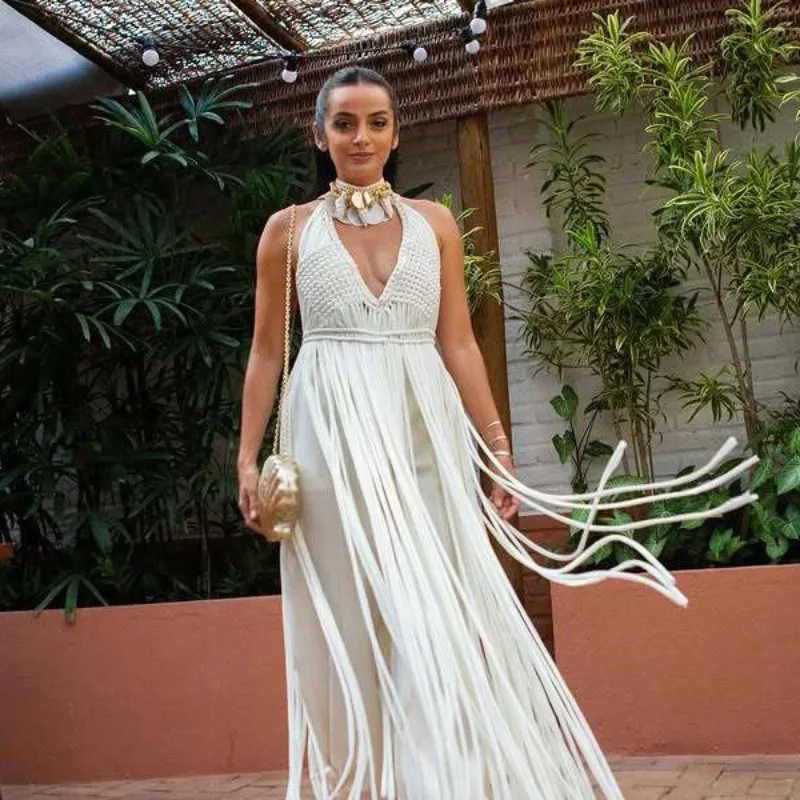 

2025 Summer Bohemian Long Tassel Hand Crochet Knit Maxi Dress Women Sexy Deep V Neck Halter Backless Holiday Outfits Beachwear