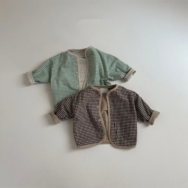 2024 Autumn New Baby Reversible Coat Cotton Infant Girl Long Sleeve Plaid Cardigan Toddler Boys Casual Jacket Children Clothes