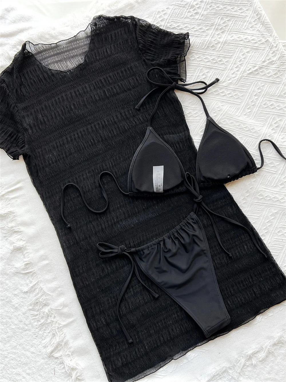 Robe de Bikini en maille noire, Triangle, String extrême, maillot de bain de vacances, Cover-Up pour femmes, Micro String, tenue de plage