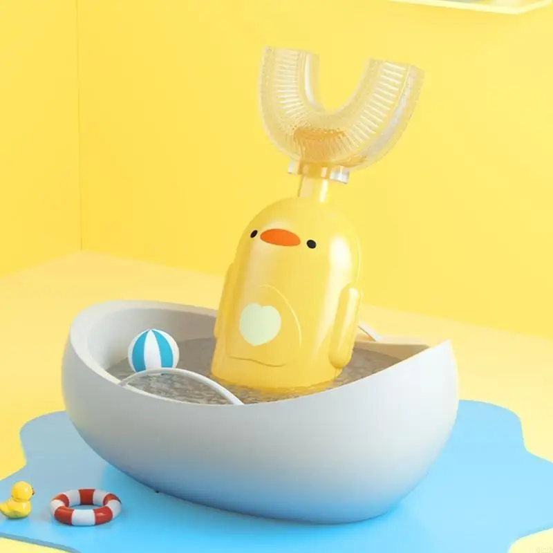 Q22D Cartoon Duck Baby Children Ceprush dientes 360 grados Cepillo dientes en forma U Teether Silicona suave Baby