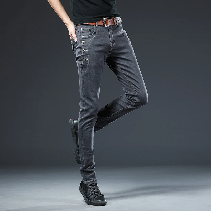 بنطلون جينز ضيق أحادي اللون للرجال ، بنطلون جينز متعدد الأزرار للشباب ، كلاسيكي وعتيق ، أسود ورمادية اللون ، موضة كورية ، تمدد ، جديد ، #5