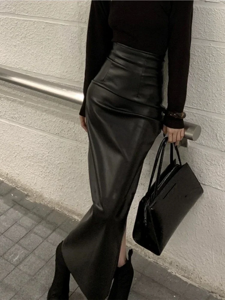 Vintage Pu Leather Slit Skirts Women High Waist Streetwear Slim Midi Skirts Y2K Korean Elegance Party Night Ladies Black Skirts