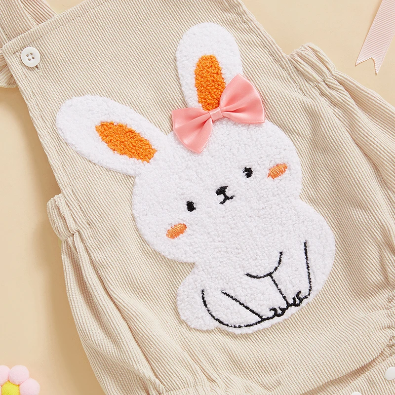 Adorable Baby Easter Romper Set with Cute Bunny Embroidery Flutter Sleeves and Matching Headband for Girls