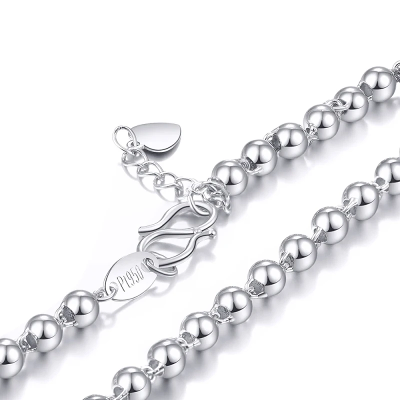 Real Pure Platinum 950 Chain Women Gift 3mm Smooth Glossy Beads Link Bracelet 4.5g