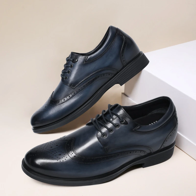 Height Increasing Men's Dress Shoes 8cm Elevated Business Invisible Thick Soled Genuine Leather Carving Derby Wedding Shoes Male