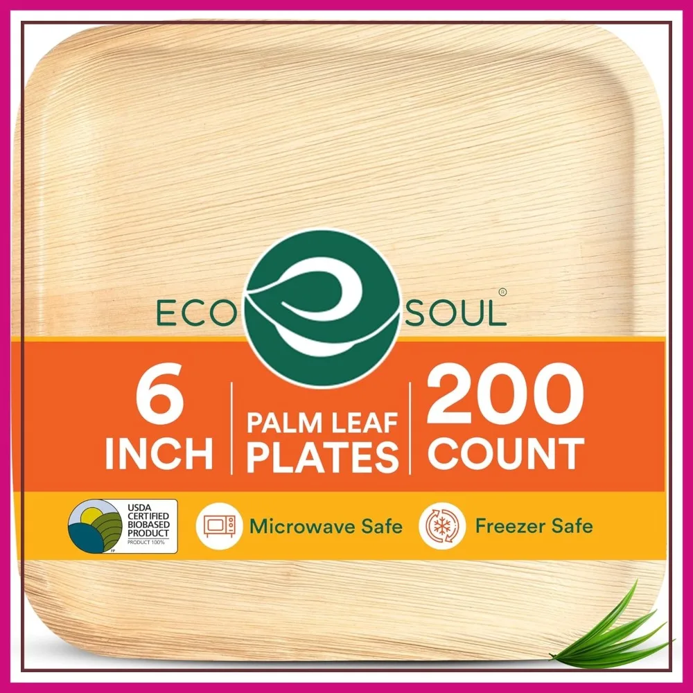 

200 Pack 6 Inch Square Palm Leaf Plates, Biodegradable Disposable Appetizer & Dessert Tableware for Wedding Catering Events