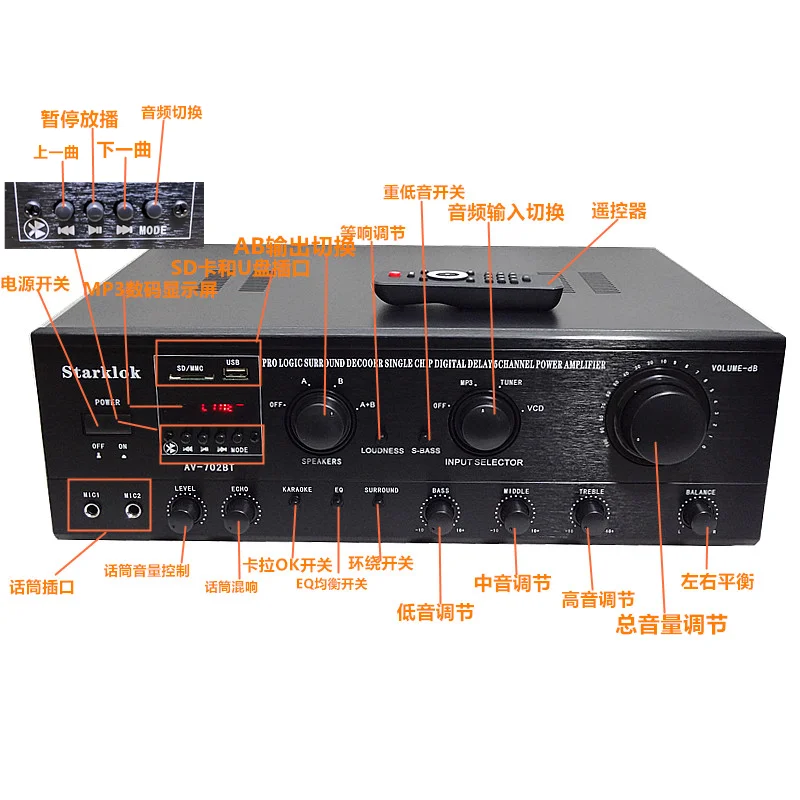 AV-702BT 1500W 5-канальный Bluetooth домашний цифровой объемный декодер KTV караоке OK аудио усилитель с дистанционным управлением