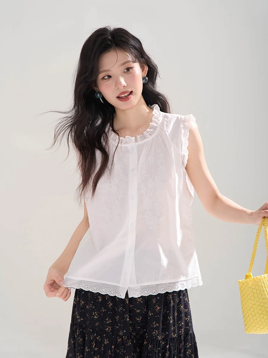 

Heme Embroidered Cloud Summer Svel Women's Top Lace Trimmed Vest irt Korean Sle Loose Fit Cotton round Ne