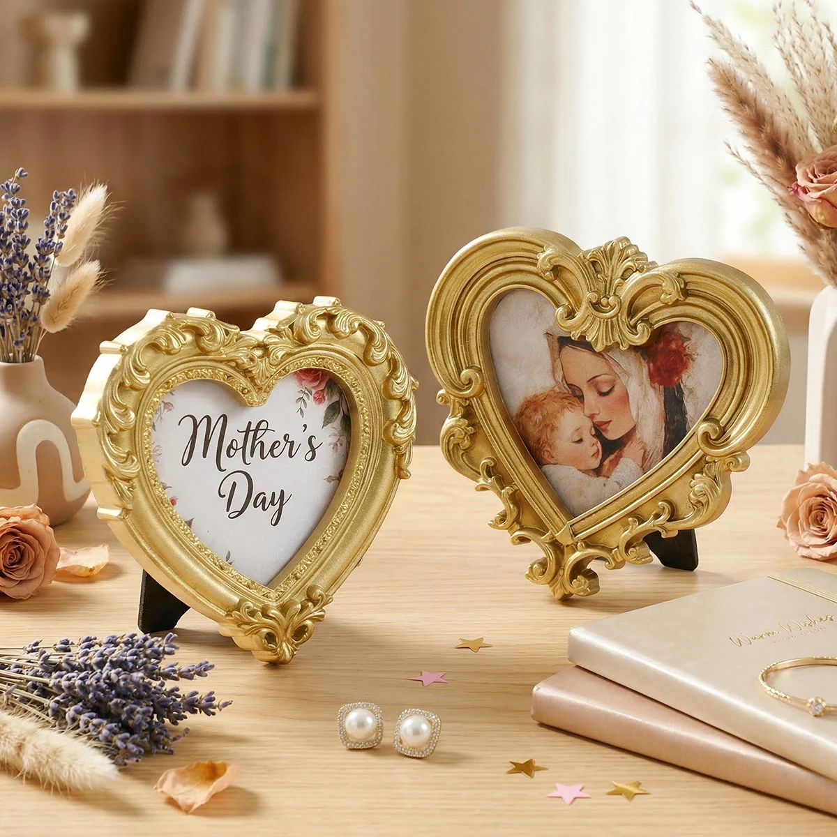 1 PC, Mother's Day Golden European-style Three-Dimensional Pattern Heart-shaped Decorative Picture Frame