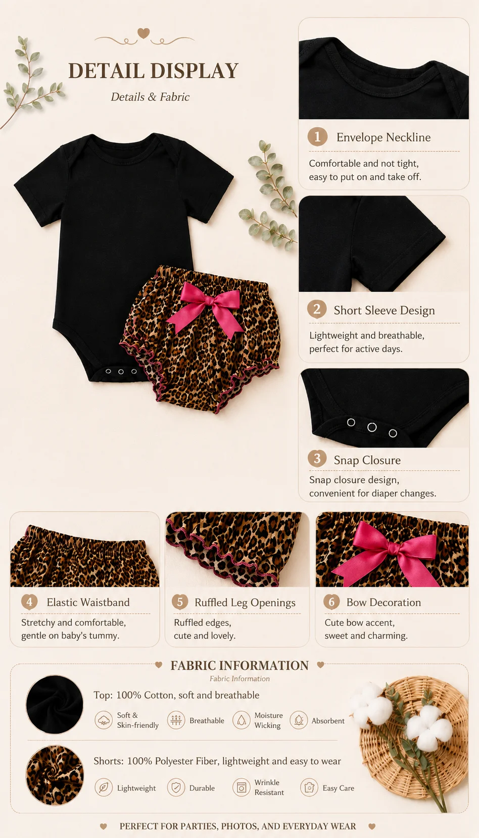 Wild One Geburtstagsoutfit für Mädchen | Baby-Strampler mit Leopardenmuster + Pumphose, Outfit für das 1. Geburtstag-Kuchenzerkleinerungs-Fotoshooting, Gepardenmuster W – Detail 1