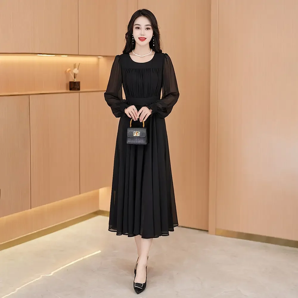 Y2k Spring Solid Black Midi Dress Women New Long Sleeve French Elegant Temperament One Piece Dress Evening Party Prom Robe Lady