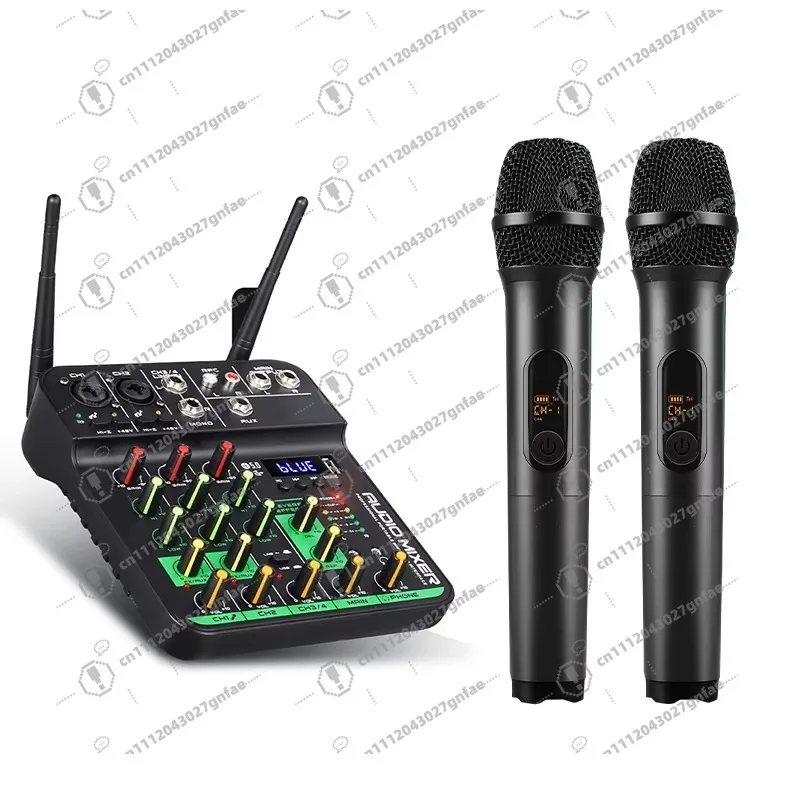 Professional 4-channel DJ audio mixer with 2 UHF wireless microphones in metal and plastic for karaoke