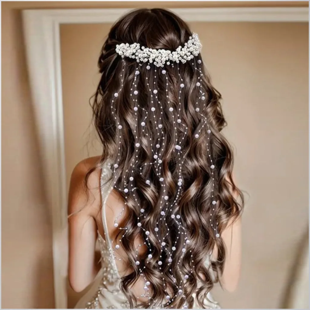 European American Bride Handmade Pearl Headpiece, Fringe Hair Comb & Wavy Headband, Wedding Hair Garland Accessories for Women