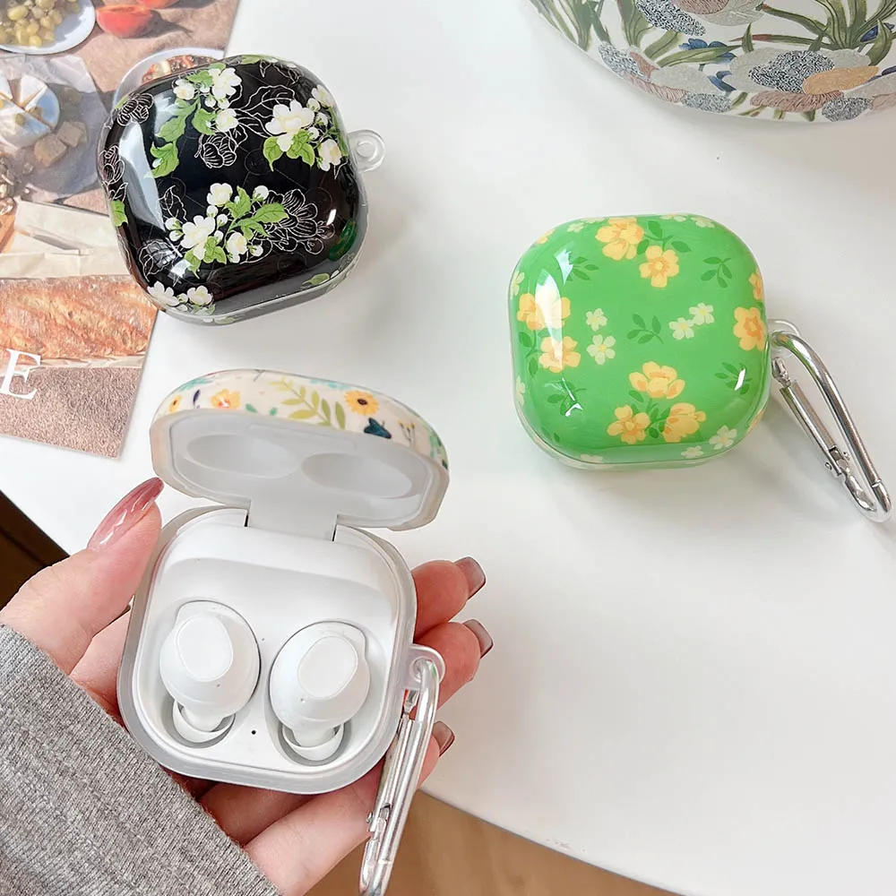 حافظة فنية على شكل زهرة ريفية لهاتف سامسونج جالاكسي براعم FE Buds Pro Buds2 Pro غطاء حماية لسماعات الأذن لهاتف Galaxy Buds Live Pro مع خطاف