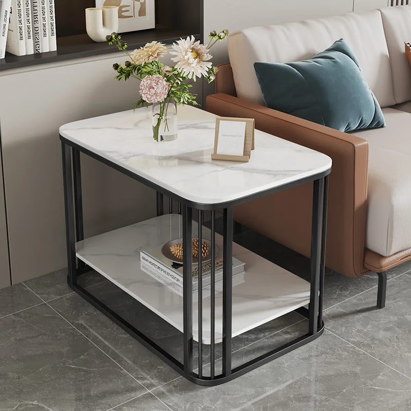 

Modern simple stainless steel living room rock slab sofa edge few corners rectangular small coffee table light luxury high-end s