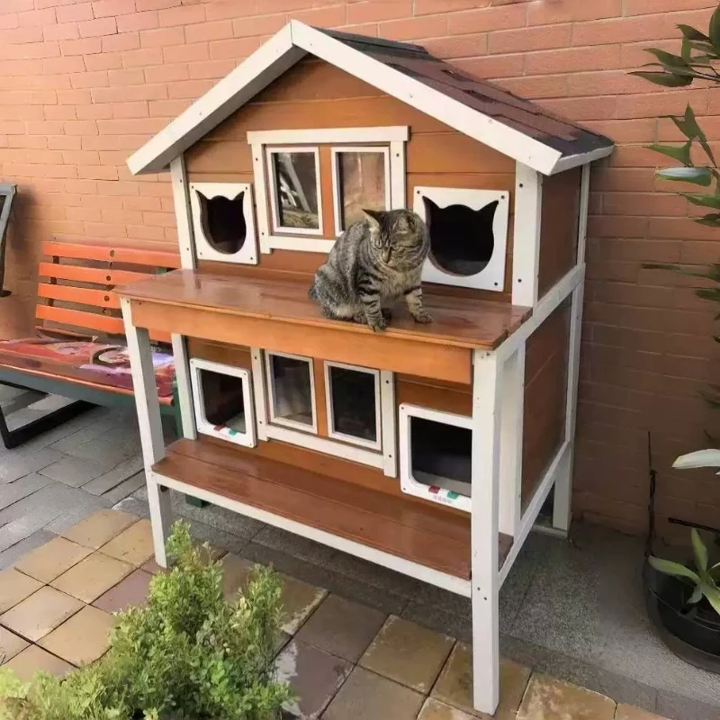 Outdoor cat room cat nest villa cold double layer solid wood cotton warm courtyard rain and sun protection stray outdoor
