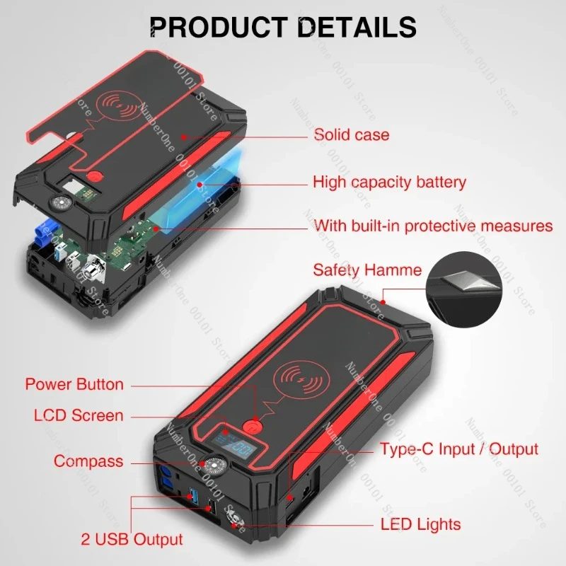 Multi functional emergency vehicle tool 12V car booster wireless charging 2500A jump starter