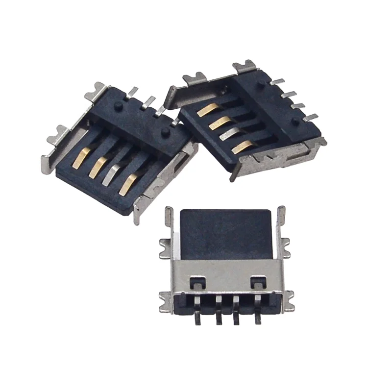 10PCS Ultra Thin 4.6mm Height USB-A Female Connector, Semi-Cover 4-Pin SMT Mount, Simple Shell, Black Nylon Crimp Type Standoffs