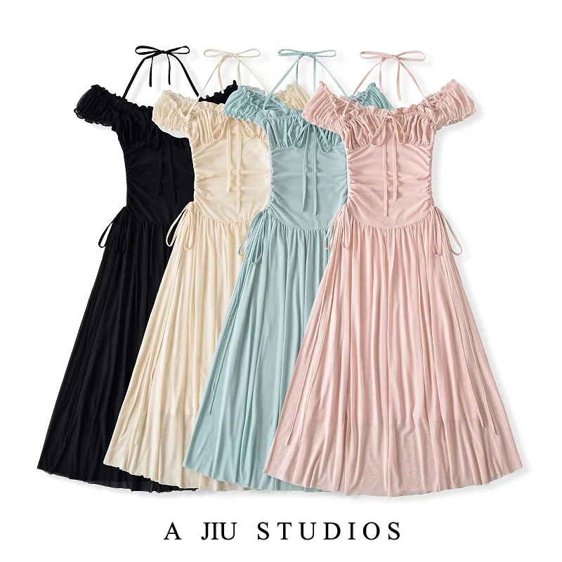 

Pure Desire Sexy Me Ne Hanging Dr Women Summer Beach Vaion Skirt Square Collar Waist Inward A-Line Long Dr