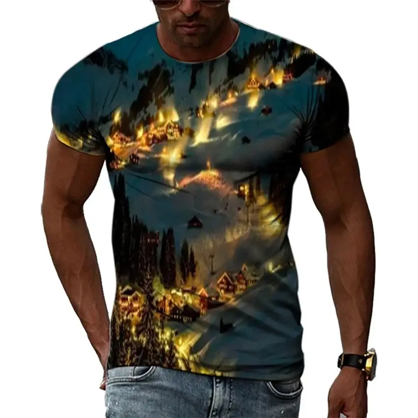 New Summer Men Street Night Scene Fashion Personality 3d Printed Pattern T-Shirt Casual Trend Large Size O Collar Short Sleeve