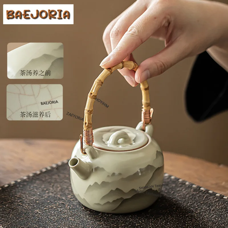 BAEJORIA 210ml Ru Kiln Mountain As Flowers Teapot Vintage Bamboo Lifting Beam Pot Tea Making Kettle Kung Fu Teaset Accessories