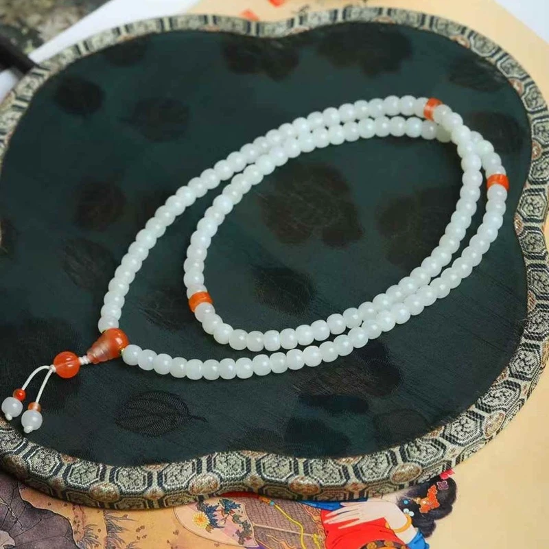 

Натуральный хотанский нефрит из Цинхая, белый нефрит класса «овечья жила», бусины в старинном стиле, многослойная цепочка из бусин.