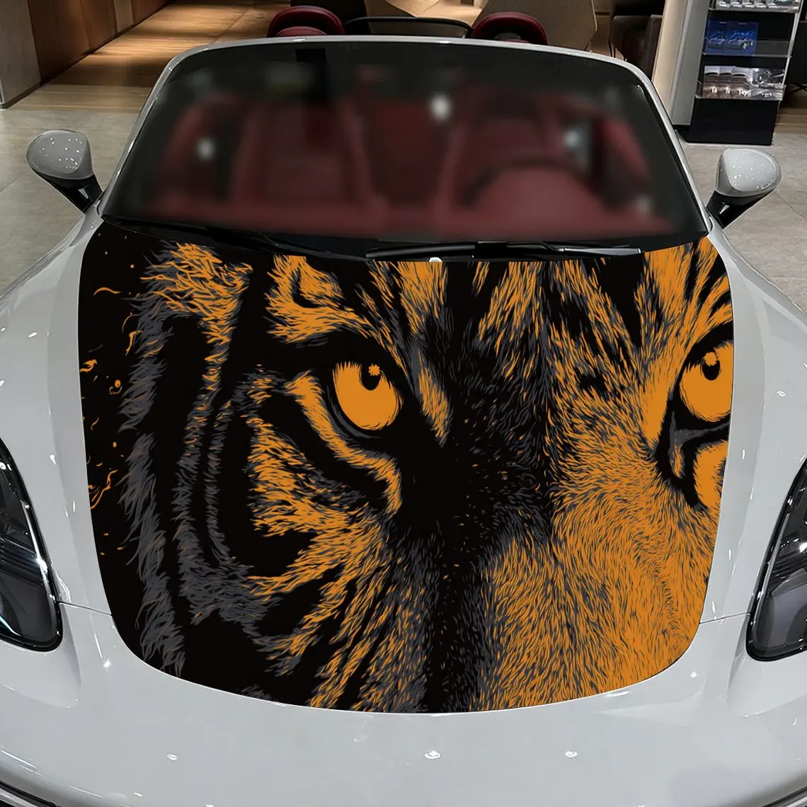 

Car Decal Tiger in Orange & Black Textured Background & Artistic, Piercing-Powerful Visual Details Car Hood Sticker, Waterproof