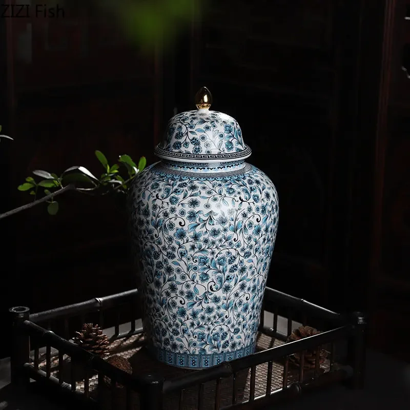 Blue and White Enamel Ceramic General Jar Sealed Ginger Jar Tea Canister Desk Decoration Flower Texture Jewelry Boxes Candy Pots