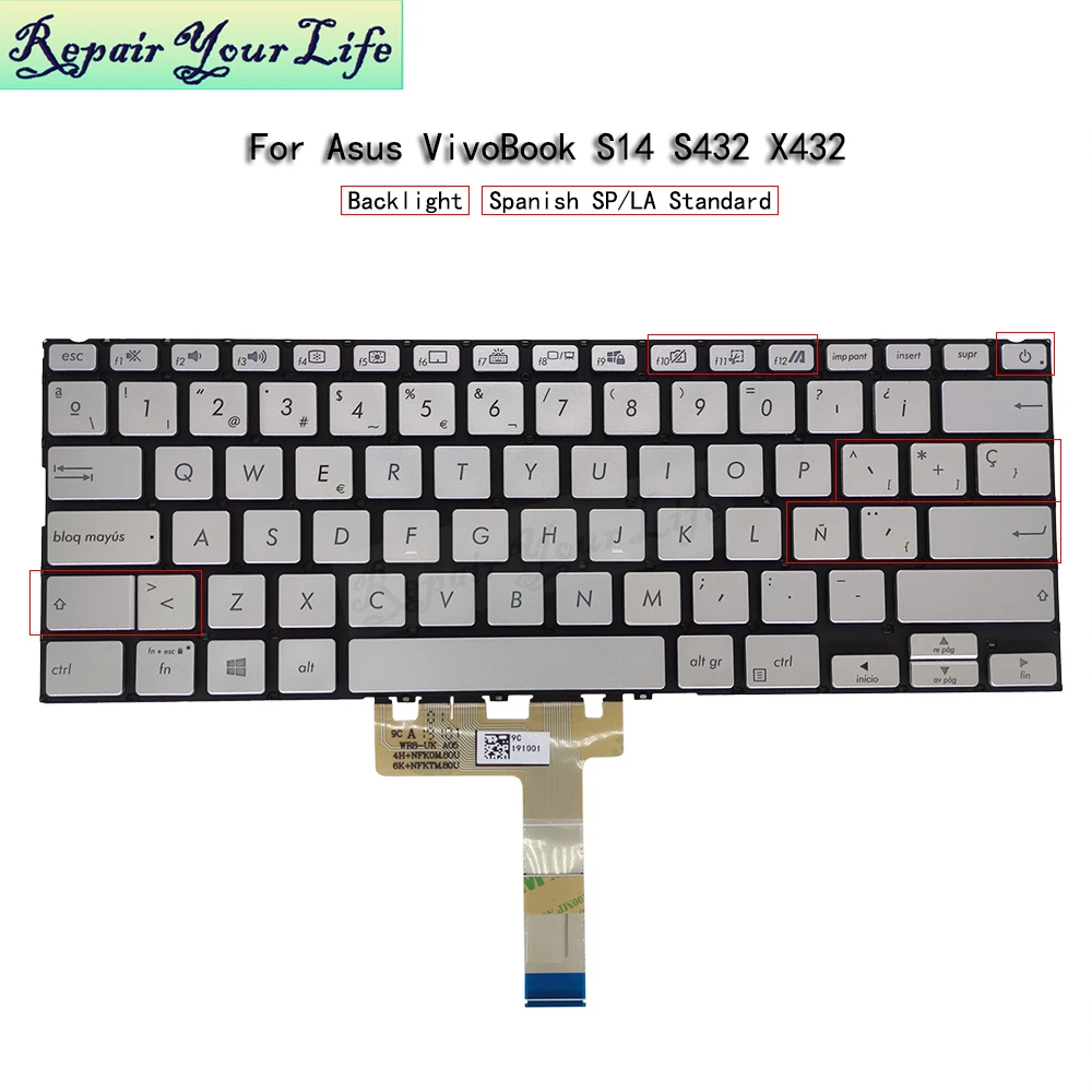 

Backlit Spain Spanish Keyboard For ASUS Vivobook X432 X432FL S14 S432 S432FA FL SP/ES Notebook Keyboard Backlight 0KNB0-262RND00