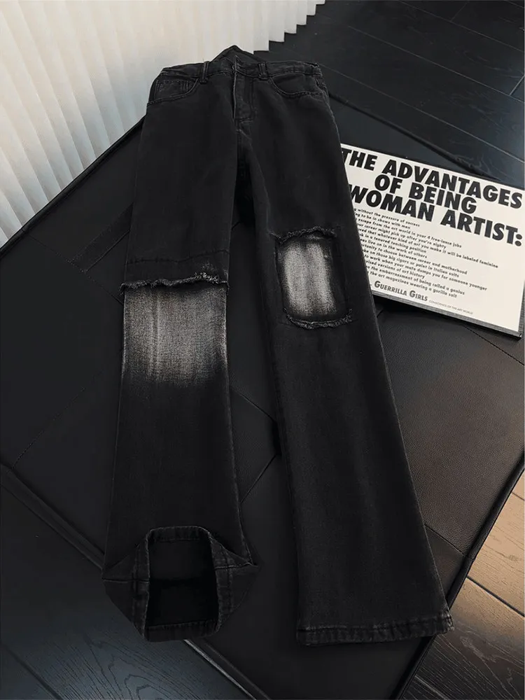

Black Patched Hole Denim Jeans Men's Trendy Brand Straight Leg Bell Bottoms High Street Style Durable Casual Spring Jeans