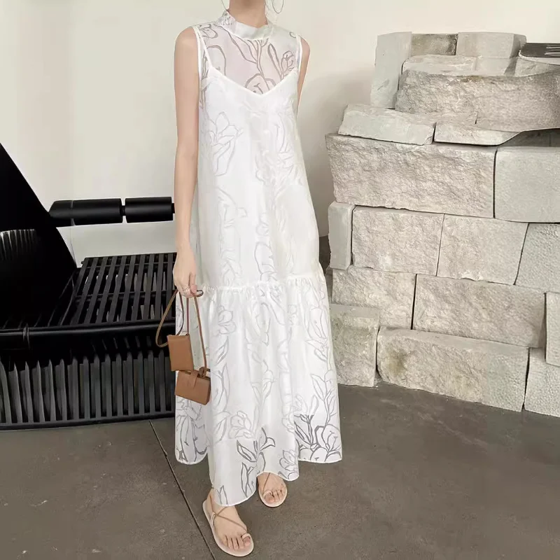 French Loose O Neck Ribbon Jacquard Long Dress Women Fashion Sweet Dinner Wedding Romantic Two-piece Sleeveless Dress Summer