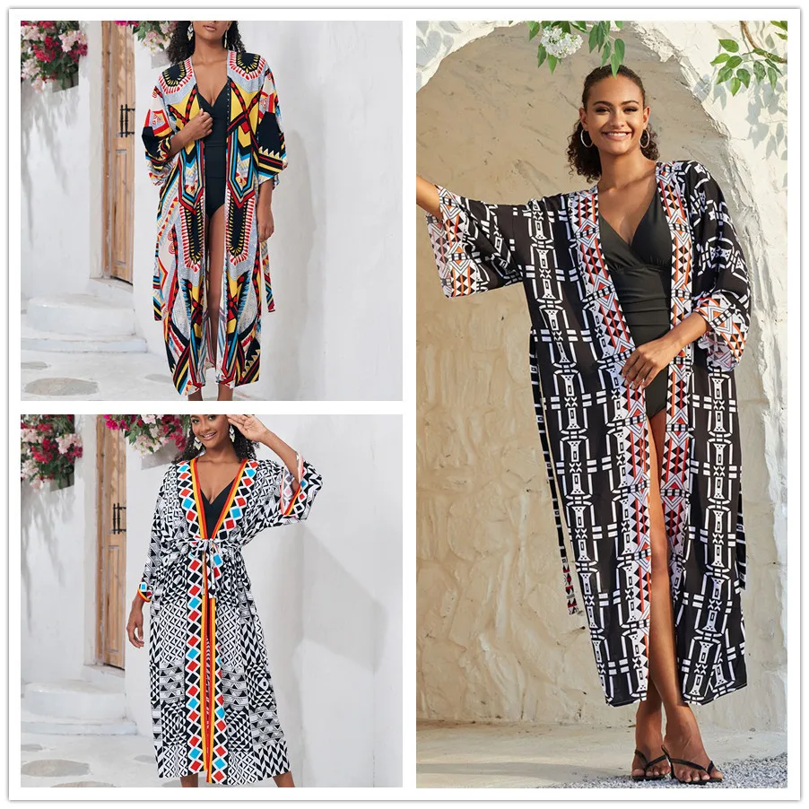 كيمونو نسائي طويل مطبوع بوهيمي ، فستان شاطئ ملفوف ، غطاء بيكيني ، ملابس صيفية ، بدلة سباحة ، سترة سترة متخفية