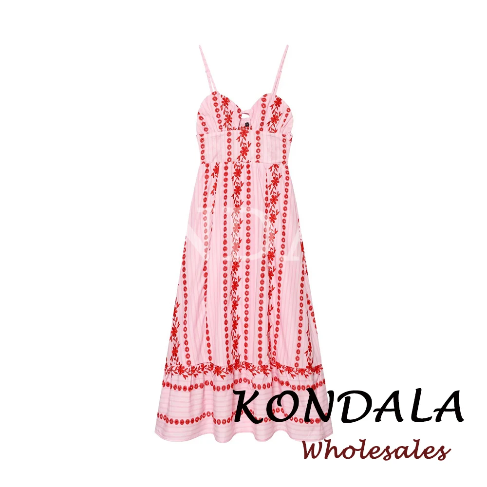 KONDALA Embroidery Pink Sexy Hollowed Out Vintage Midi Woman Cami Summer Dress Fashion 2026 Lace-up Dress Holiday Beach Vestidos