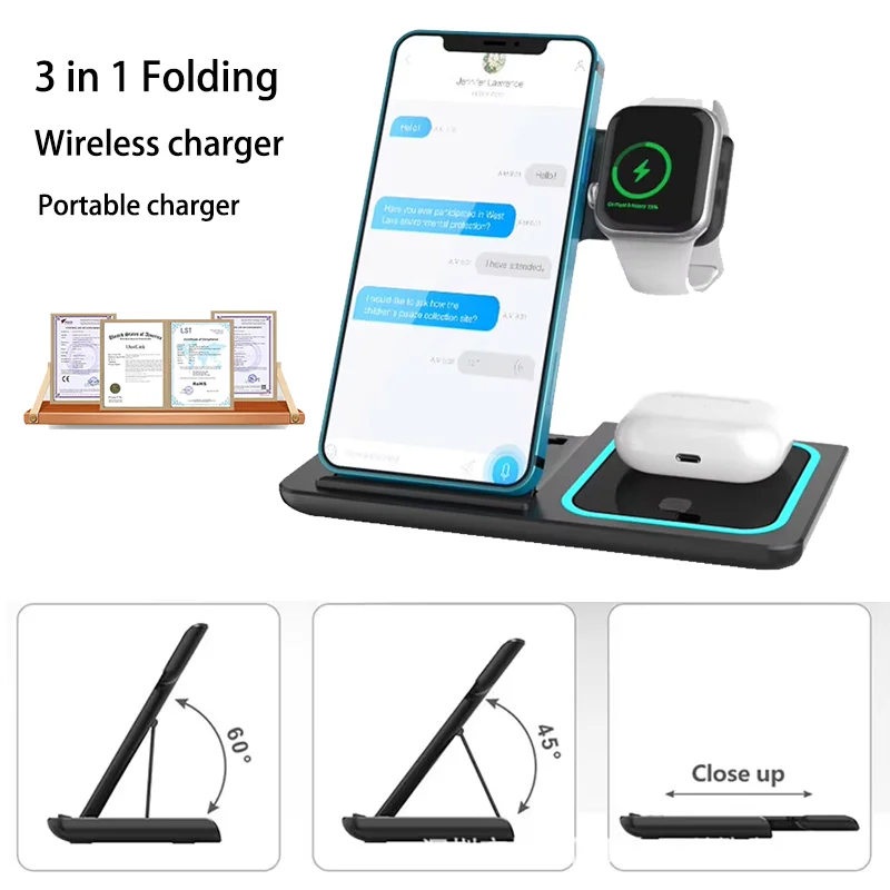3-in-1 Portable Wireless Charger Stand for iphone Samsung Phone Foldable Fast 3 in 1 Wireless Charger for Apple Watch