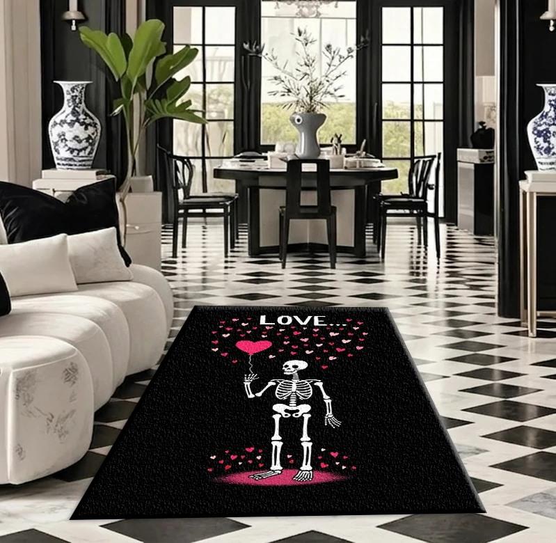Gothic Skull Love Heart Rug Romantic Dark Art Skull Pattern Printed Square Carpet Suitable for Home Art Decoration